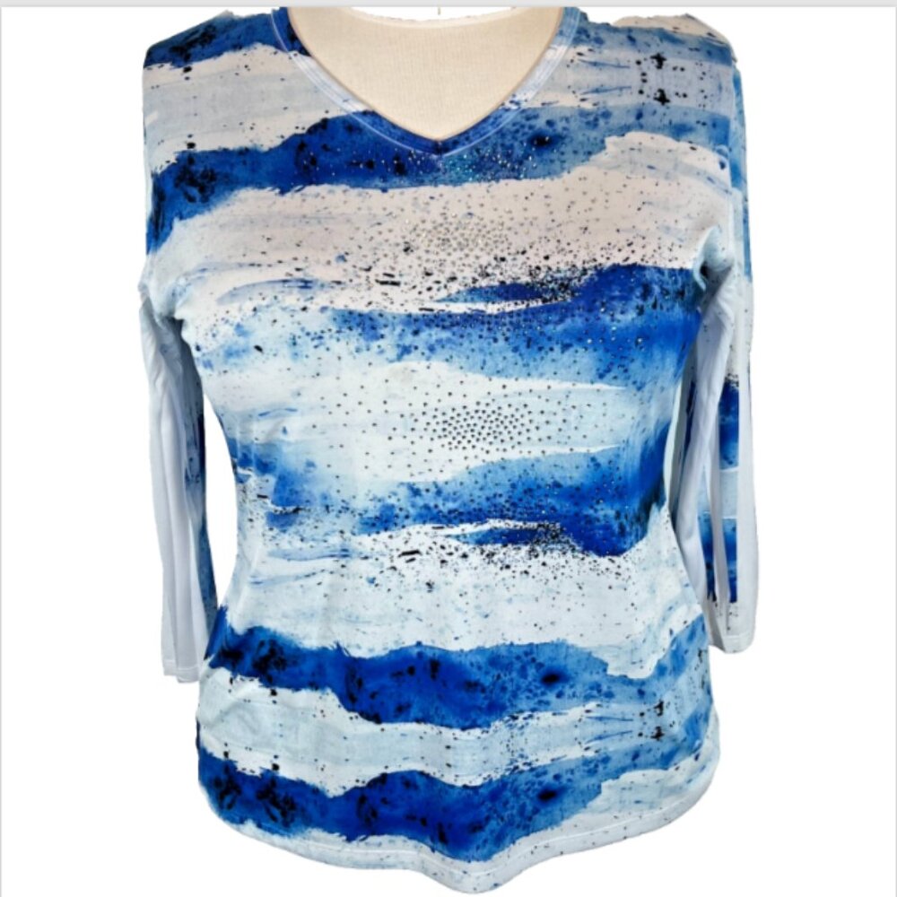 Jess & Jane - Womens L Blouse 3/4 Sleeve Beaded V-Neck Watercolor Fits to 1X